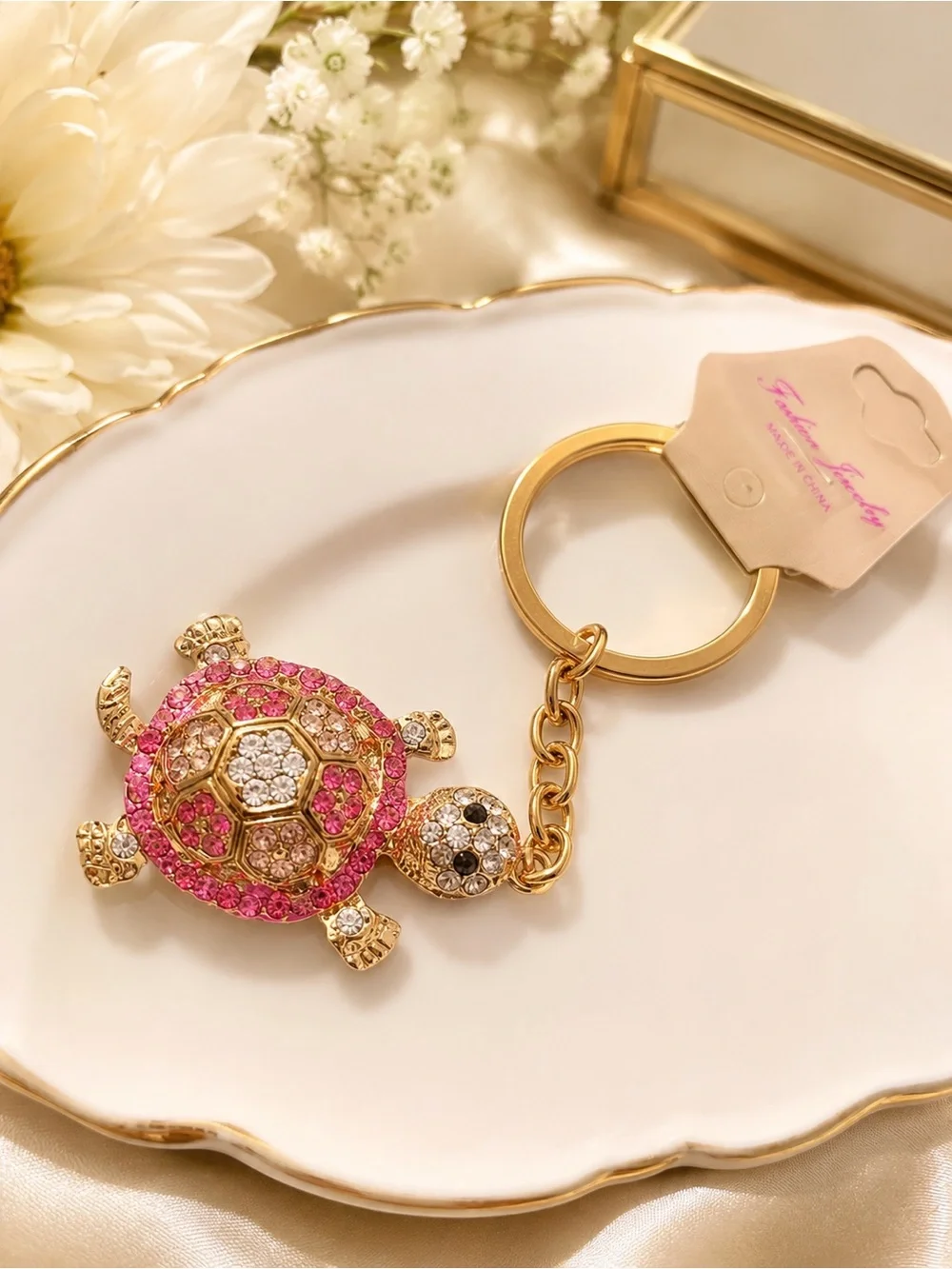 Gold-Tone Pink Crystal Turtle Key or card Holder Charm